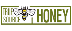 A black and white logo for true source honey with a bee on it.