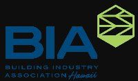 The building industry association of hawaii logo is blue and green on a black background.