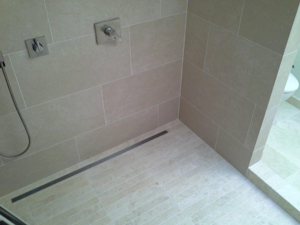 A bathroom with a walk in shower and a toilet