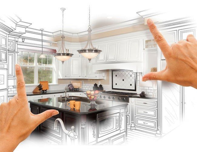 A person is pointing at a drawing of a kitchen.
