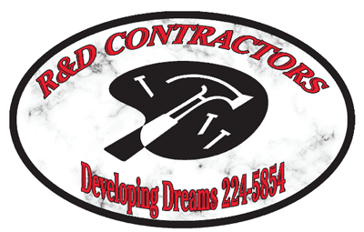 A logo for r & d contractors with a hammer and nails