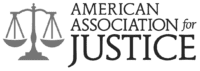 The logo for the american association for justice has a scale of justice on it.