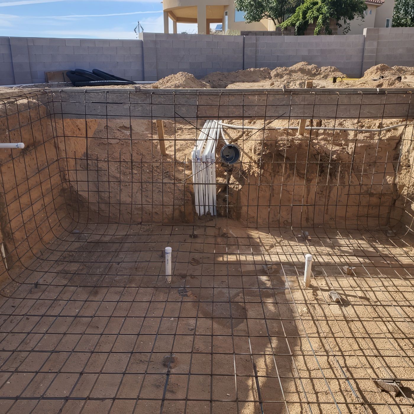 Excavation pit with rebar grid and a vertical pipe against a retaining wall under construction.