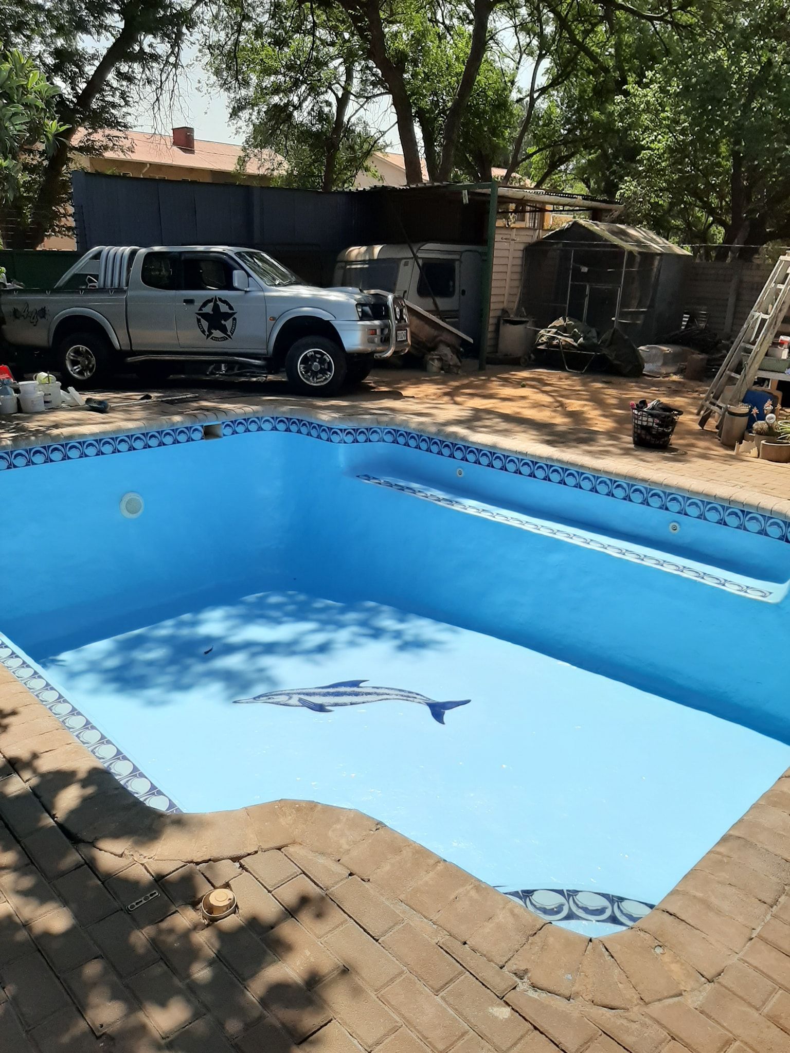 Backyard swimming pool with a shark design on the blue liner, beside a white pickup truck and trees.