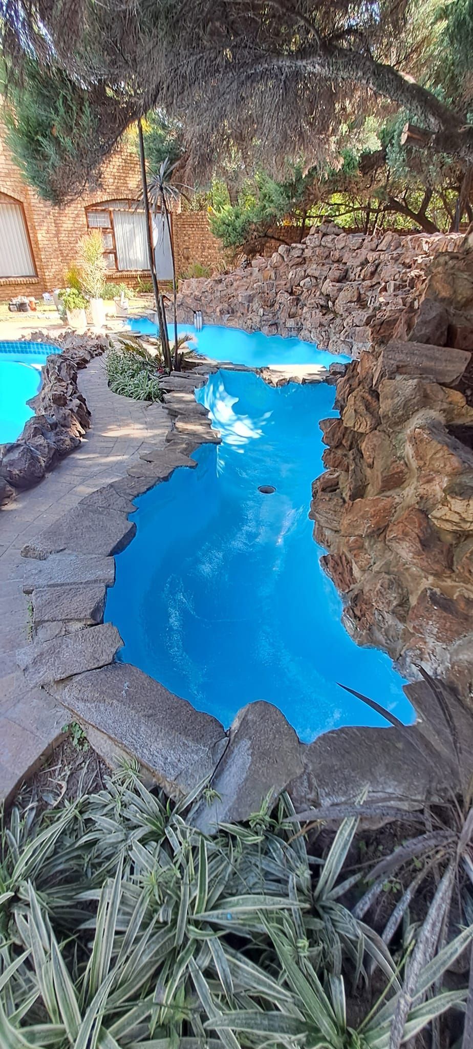 A bright blue decorative water feature winds through a stone-lined garden with desert plants and trees.