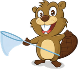 A brown cartoon beaver with a friendly smile, holding a blue-rimmed pool-cleaning net  in one hand.