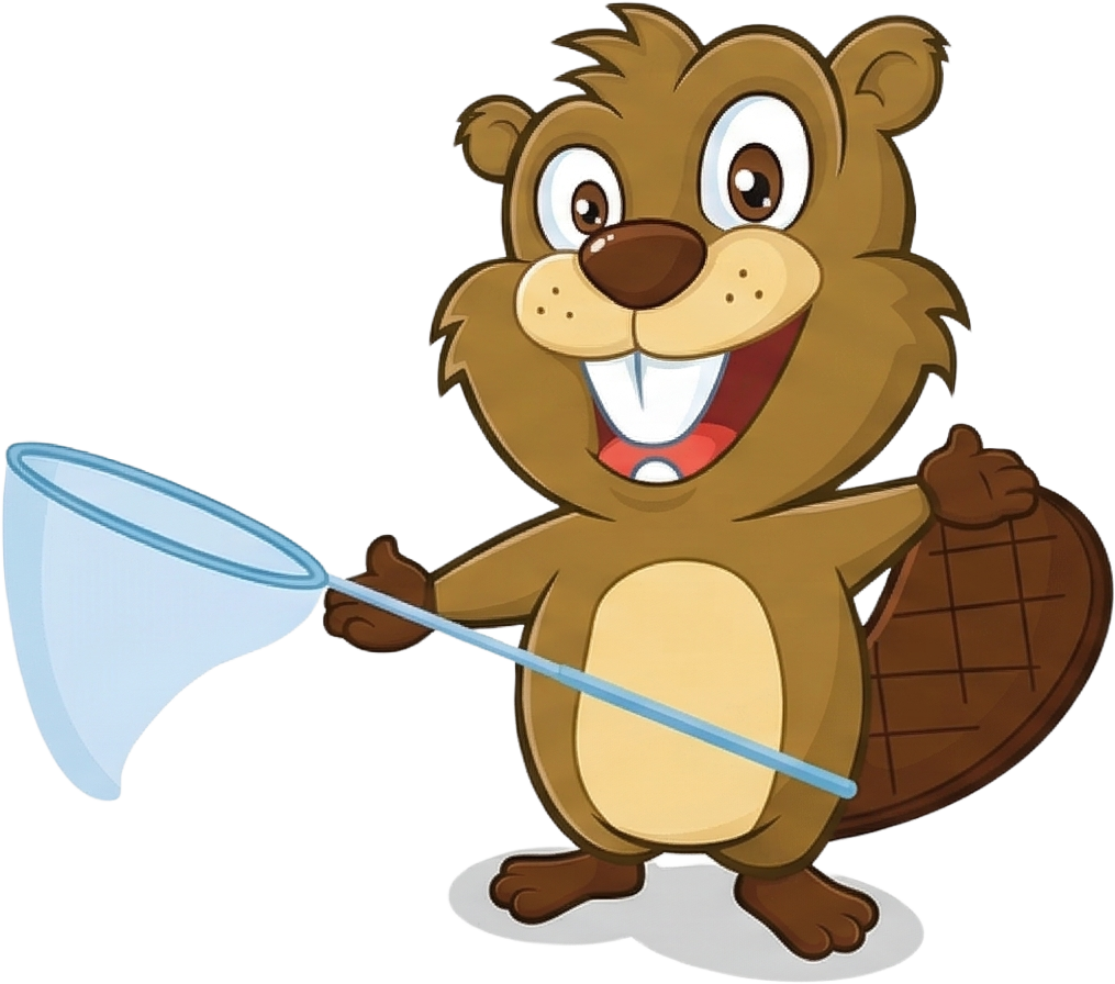 A brown cartoon beaver with a friendly smile, holding a blue-rimmed pool-cleaning net  in one hand.