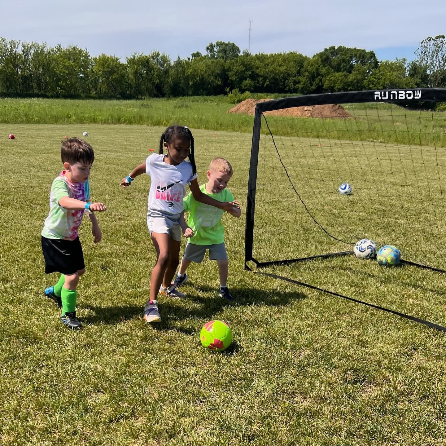 A group of children are playing soccer in a field.