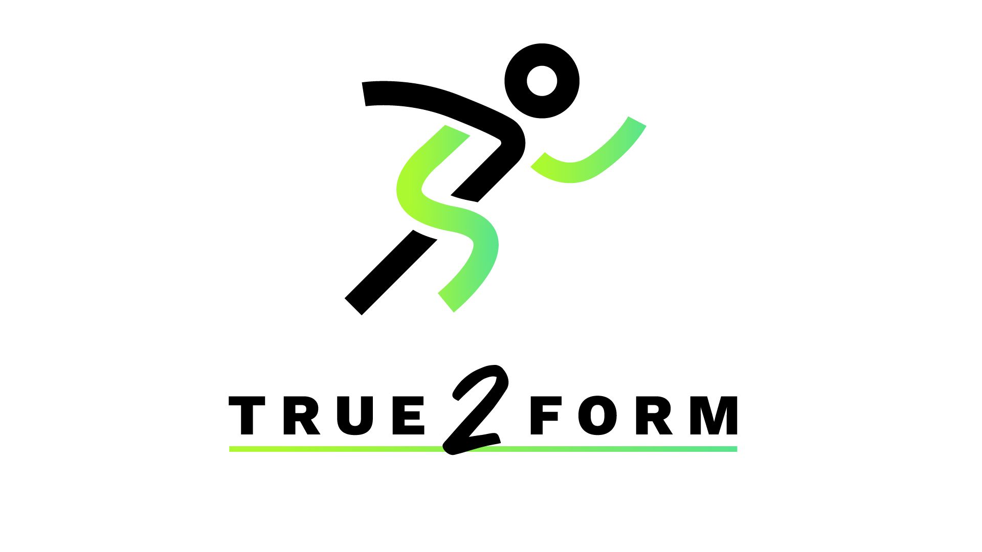 A logo for a company called true 2 form with a person running.