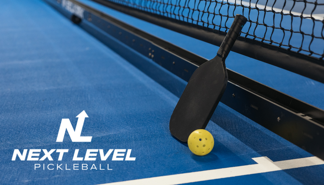 A next level pickleball logo with a paddle and ball