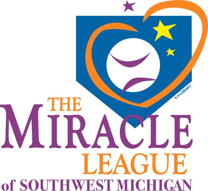 Logo for The Miracle League of Southwest Michigan, featuring a baseball inside a heart-shaped design with stars and a home plate shape.