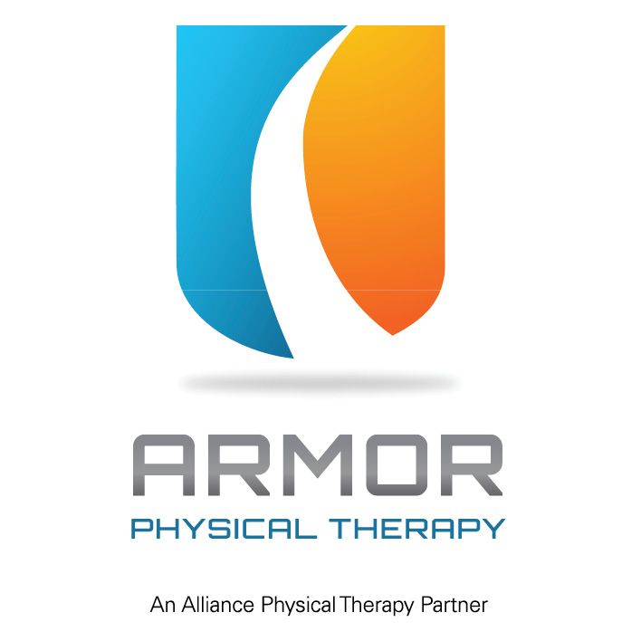 Logo for Armor Physical Therapy: Blue and orange shield with curved white line, 