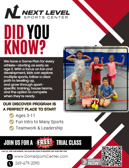 Flyer for Next Level Sports Center. It features children playing sports, promoting a free trial class, ages 3-11.