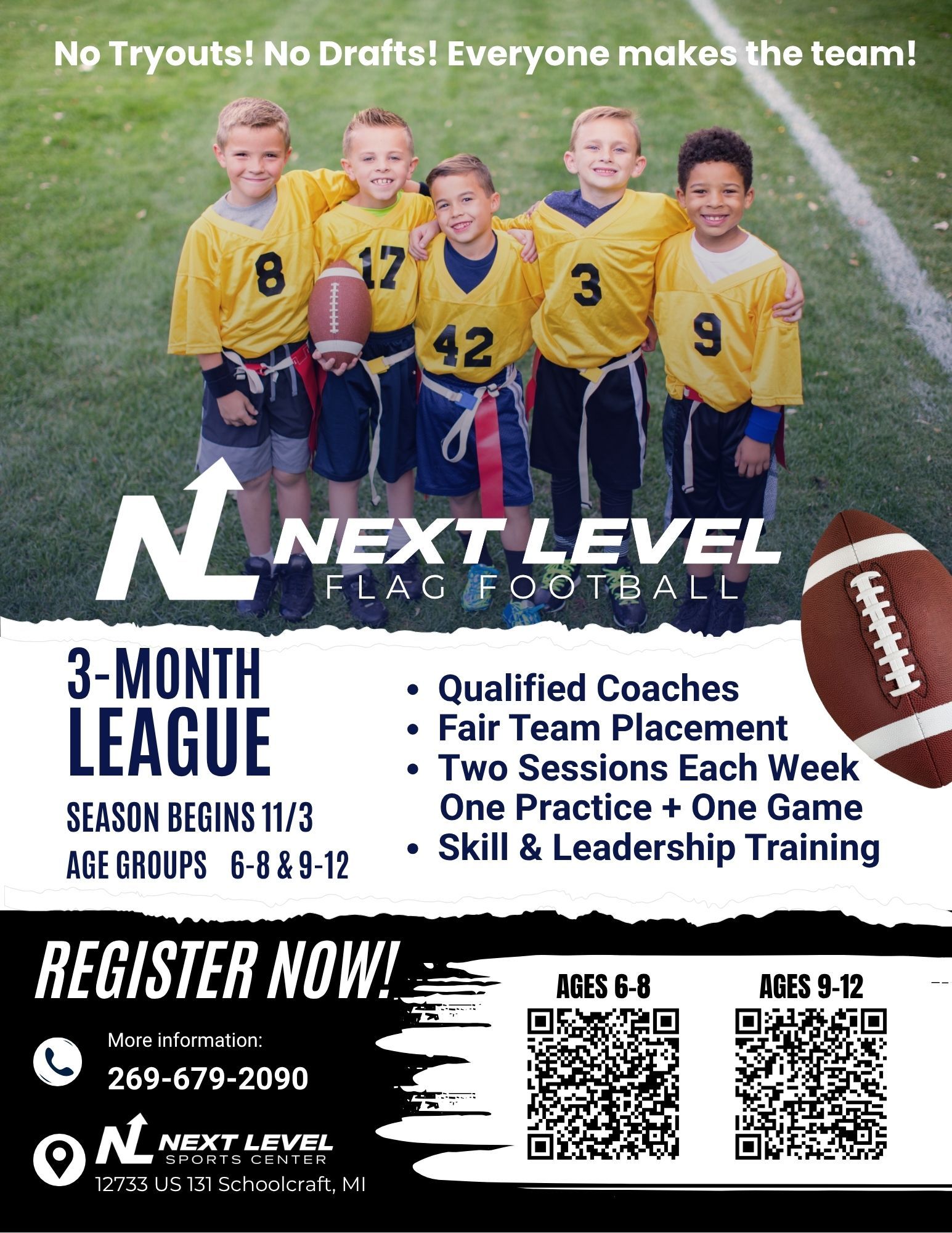 Flyer for Next Level Flag Football: kids in yellow jerseys, league info, register now.