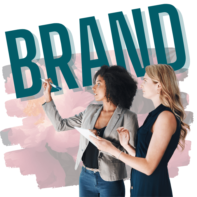 Satori Branding and Digital Marketing | Web Design| Edmonton| Image of 2 Satori women working with the word Brand behind them