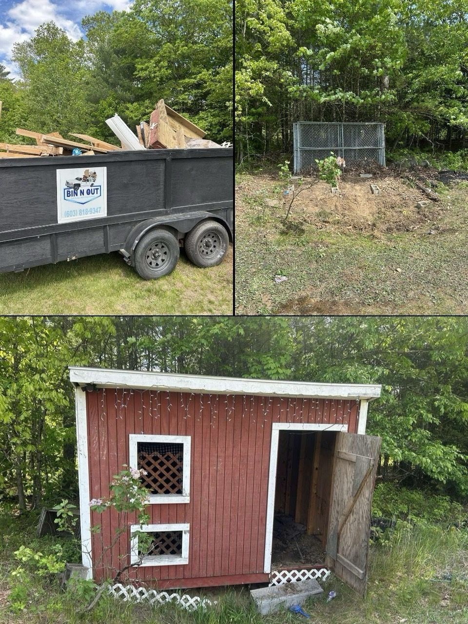 Construction debris in a trailer, a cleared area, and a weathered red shed with open door.