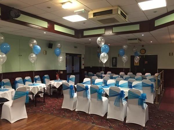 baby blue and white themed party setting