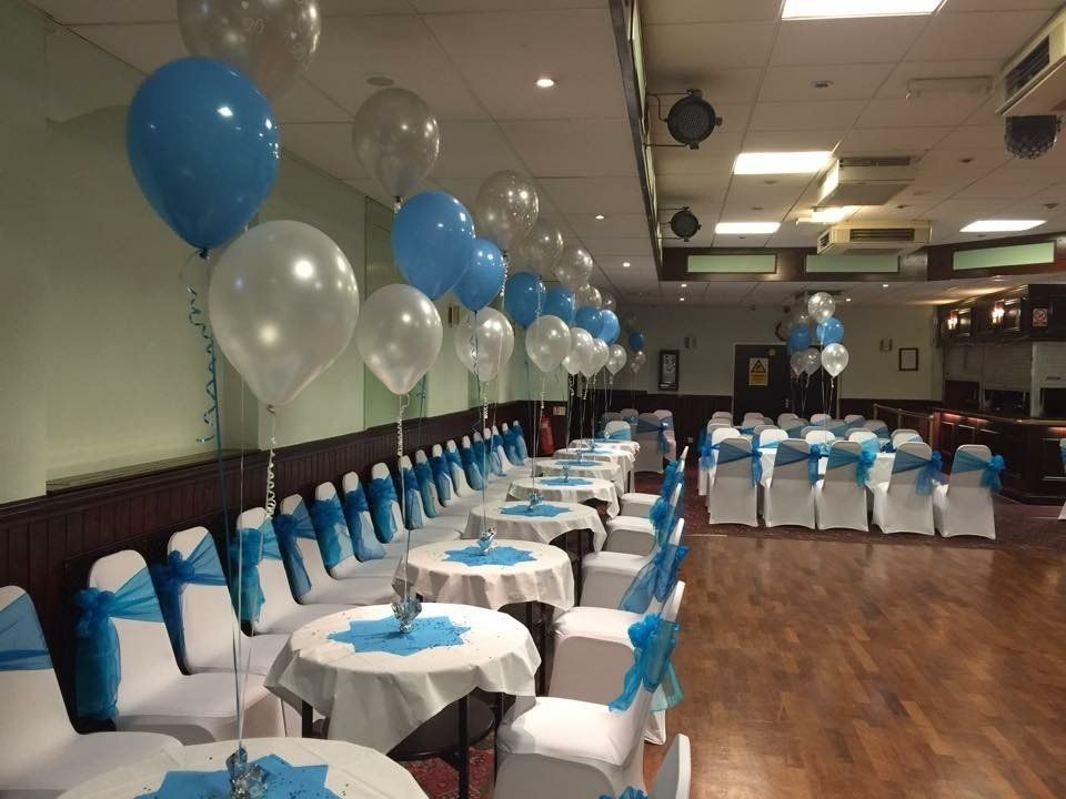 baby blue and white themed party setting