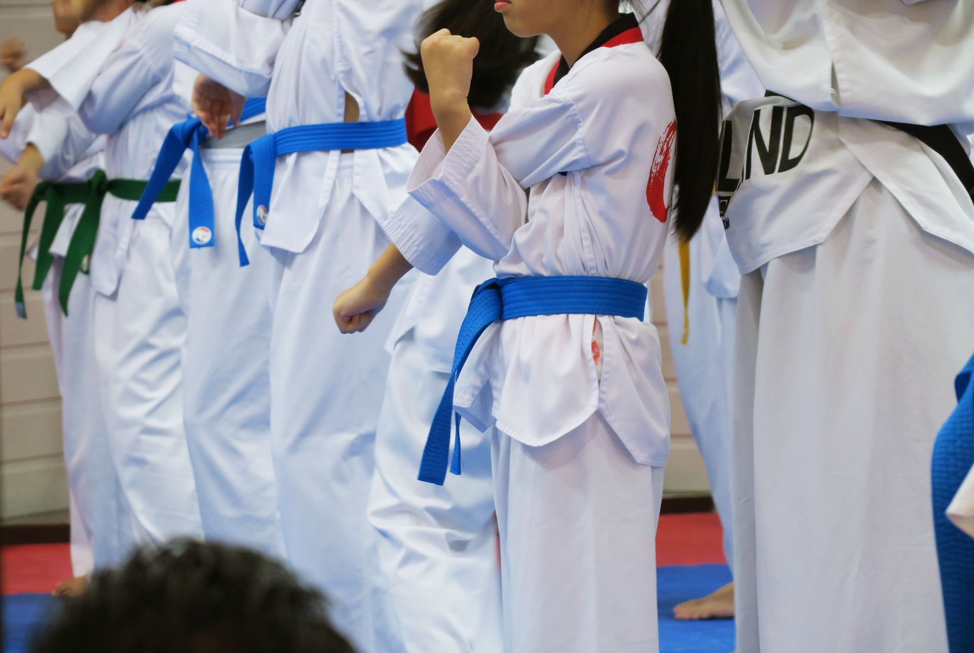 A group of taekwondo fighters wearing white uniforms and blue belts