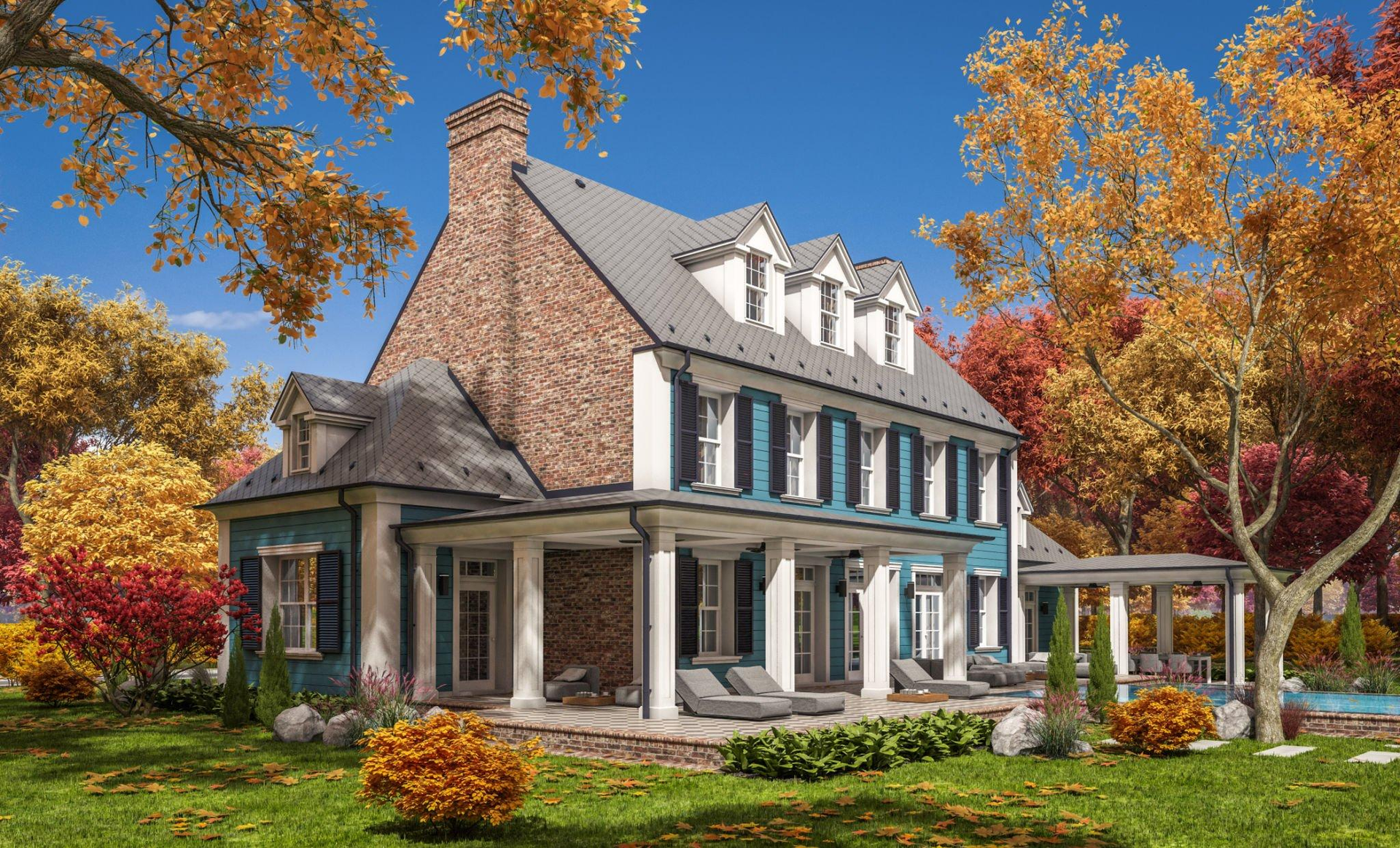 An artist 's impression of a large house with a large porch surrounded by trees.