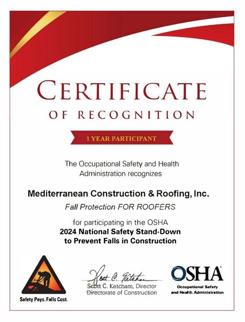 A certificate of recognition from the occupational safety and health administration