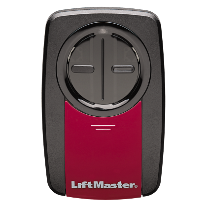 A liftmaster garage door opener with a bunch of remote options displayed next to it.