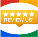 A yellow speech bubble displaying a 5-star Google rating with the words review us on it