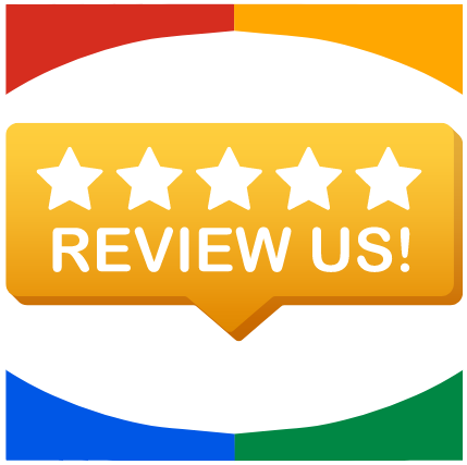 A yellow speech bubble displaying a 5-star Google rating with the words review us on it