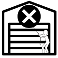 A black and white icon of a man pulling a garage door emergency pull string because the door will not open or close.