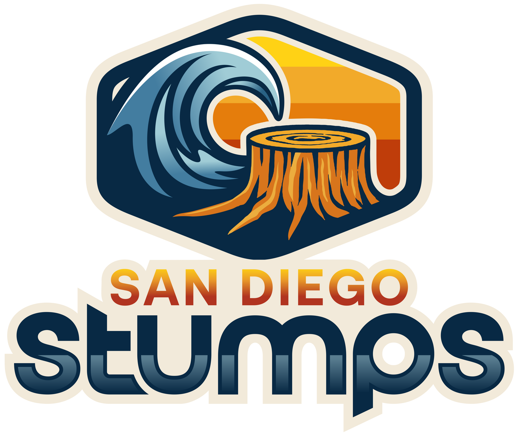 Logo for San Diego Stumps team: A stylized wave and tree stump on a hexagonal badge, with