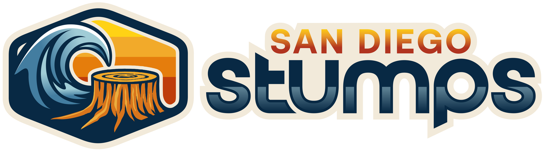 Logo for the San Diego Stumps; a blue and orange wave and tree stump in a hexagon with "San Diego Stumps" to the right.