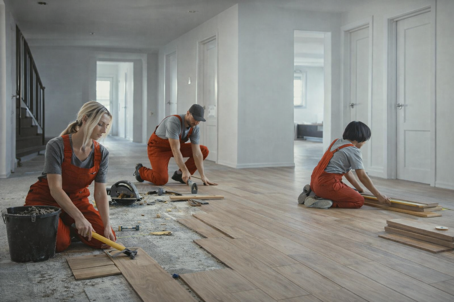 Three workers install a wooden floor in a white-walled hallway, using tools like a hammer and circular saw.
