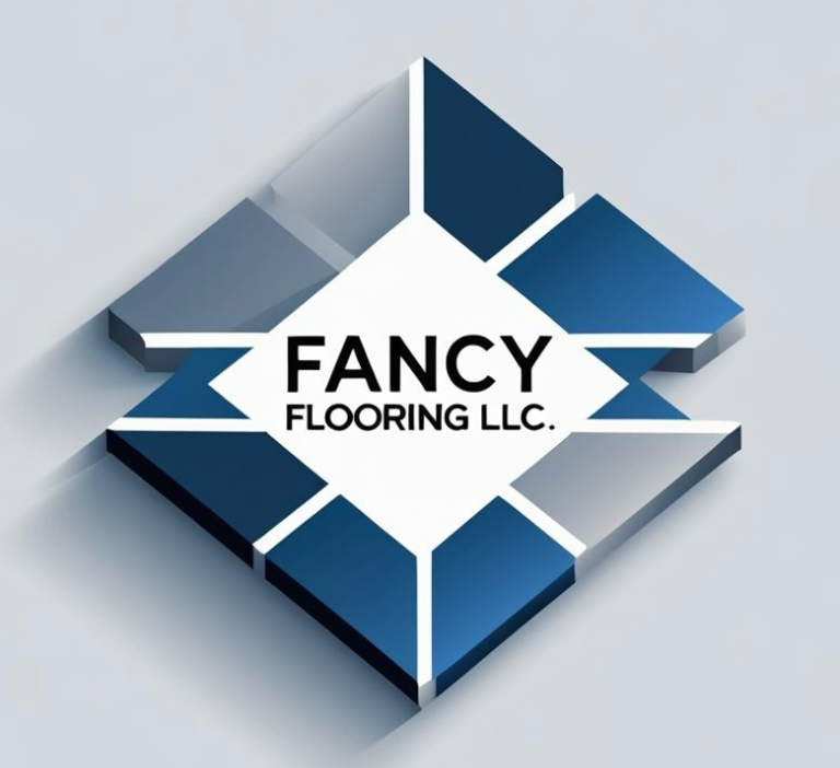 Logo for Fancy Flooring LLC. featuring blue and gray geometric shapes, white background and the company name.