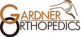 Logo for Gardner Orthopedics with a knee joint graphic and the name in brown and black.