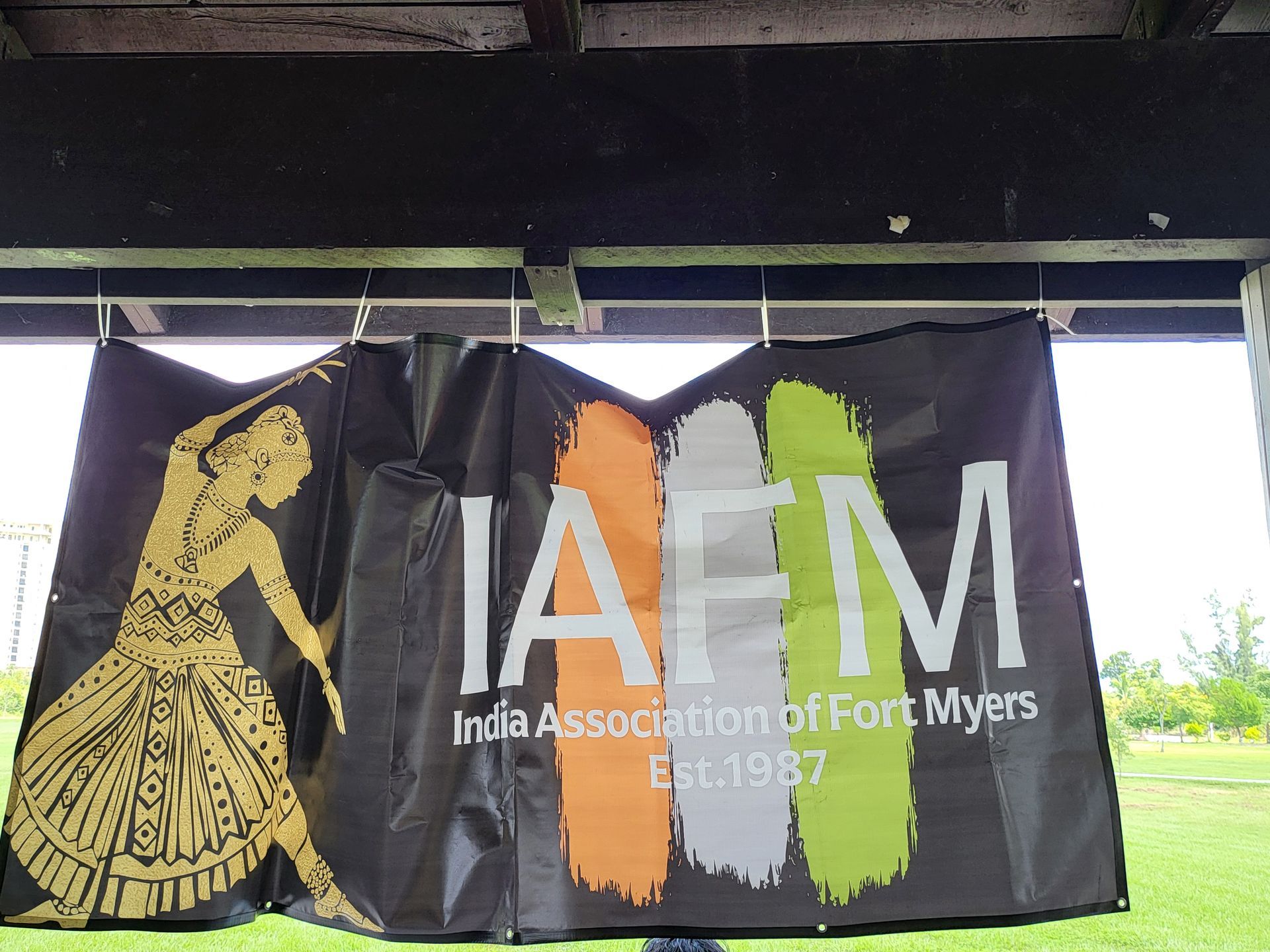 Banner for India Association of Fort Myers, black with gold dancer, orange, white, and green vertical stripes.