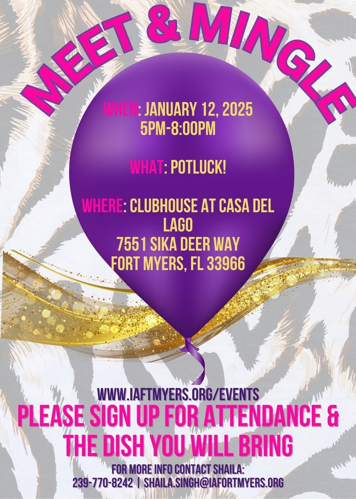 A flyer for a potluck “Meet & Mingle” event at the Casa Del Lago Clubhouse on January 12, 2025 in Fort Myers, FL.