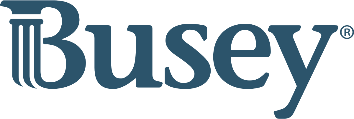 The busey logo is blue and white on a white background.