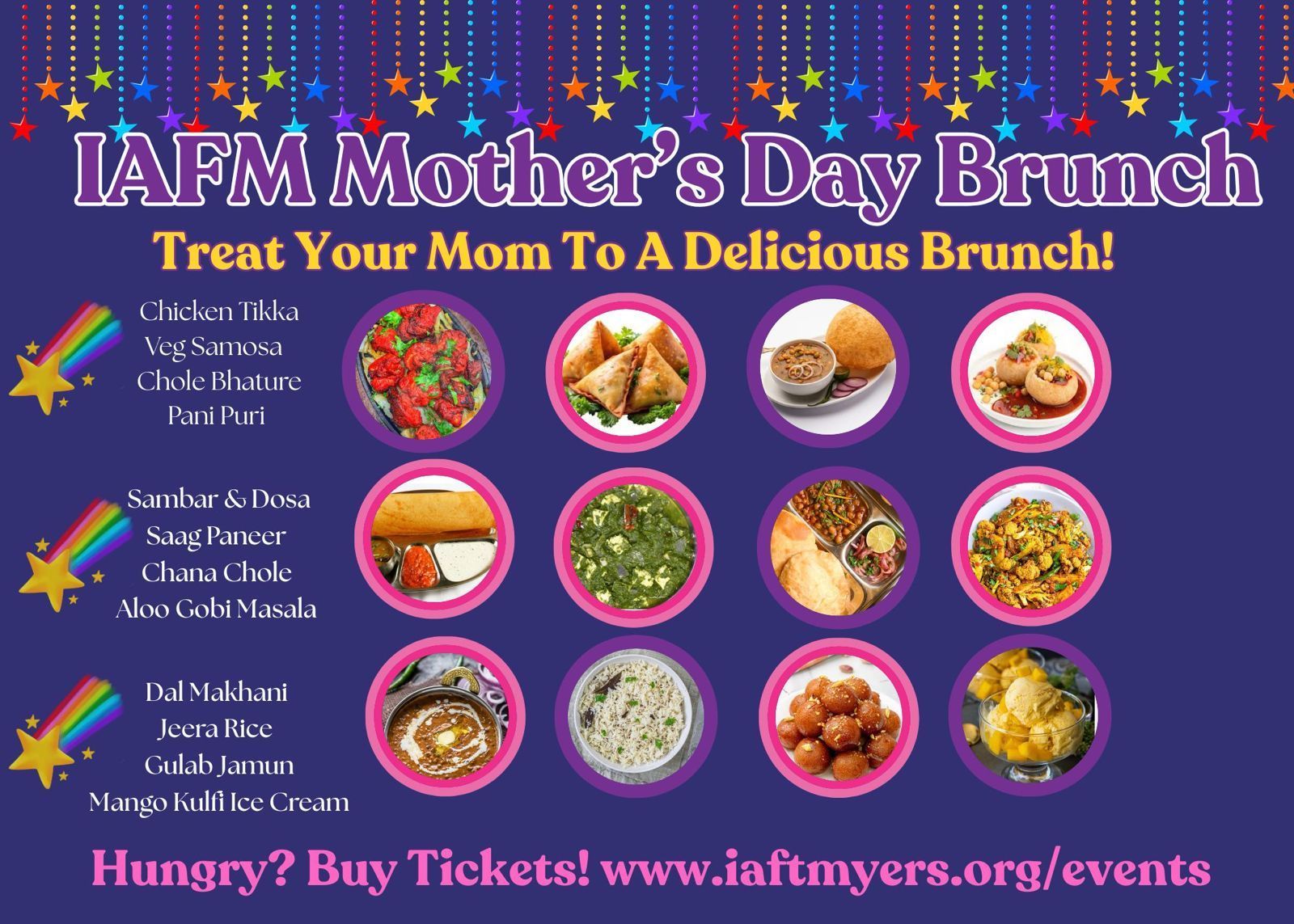 IAFM Mother's Day Brunch ad with food photos. Menu includes Indian dishes. Purple and colorful stars.