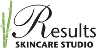 A logo for results skincare studio with bamboo sticks on a white background.