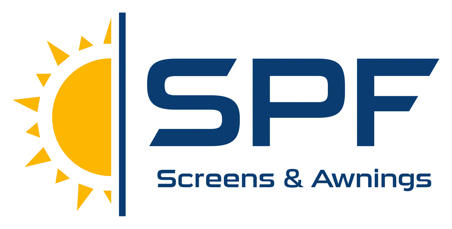 Logo for SPF Screens & Awnings: Sun icon on the left, blue letters 