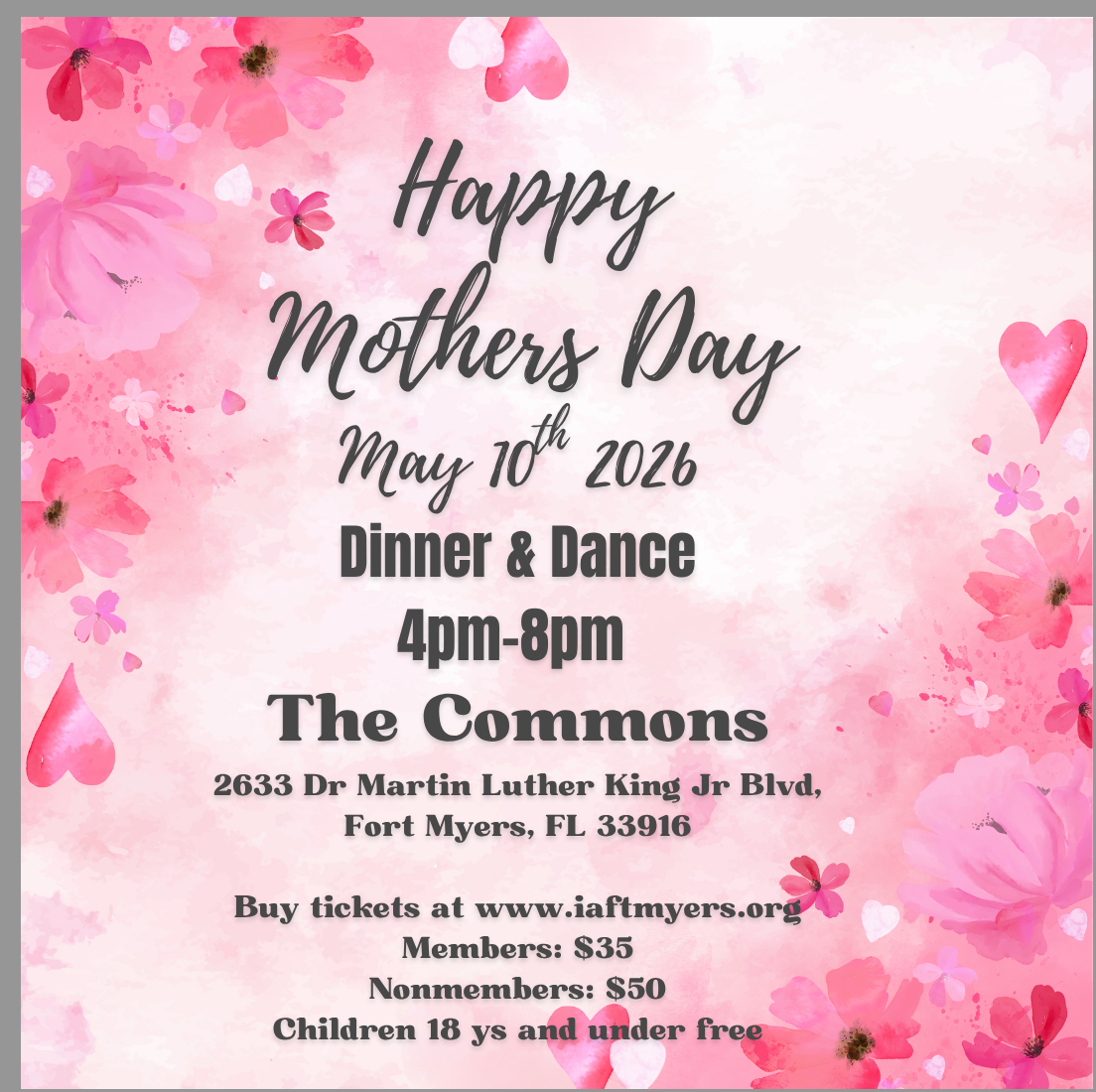 Mother's Day Brunch flyer. Mom & Me event at Riverside Community Center in Fort Myers, FL. May 11, 2025. Tickets on sale.