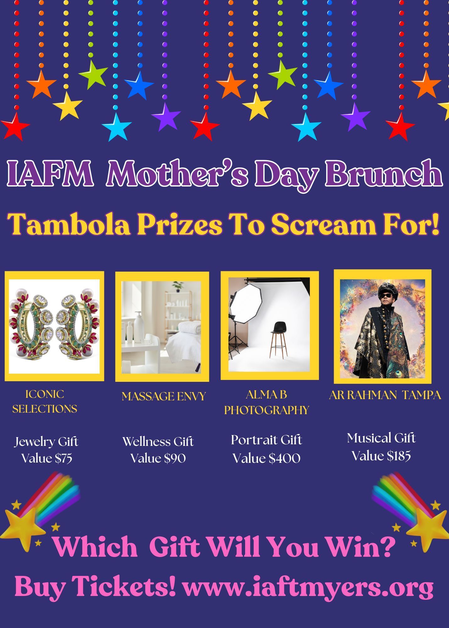 IAFM Mother's Day Brunch ad: prizes include jewelry, wellness gift, photo session, and fashion.  Buy tickets!