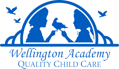 A blue logo for wellington academy quality child care