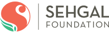 The logo for the sehgal foundation is a red circle with a green leaf in the middle.