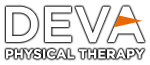 The logo for deva physical therapy is white with an orange arrow.