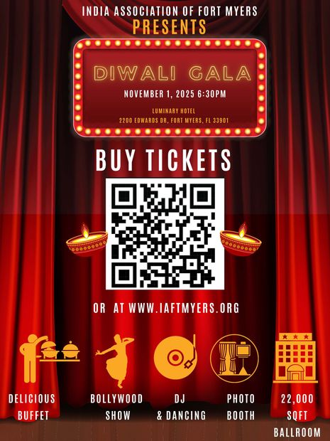 Diwali Gala event poster: red curtain, ticket details, QR code, icons for buffet, dance, DJ, photo booth, ballroom.