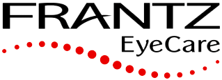 A logo for frantz eyecare with red dots on a white background.