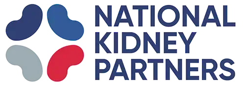 Logo of National Kidney Partners with four kidney bean shapes in blue, red and gray.