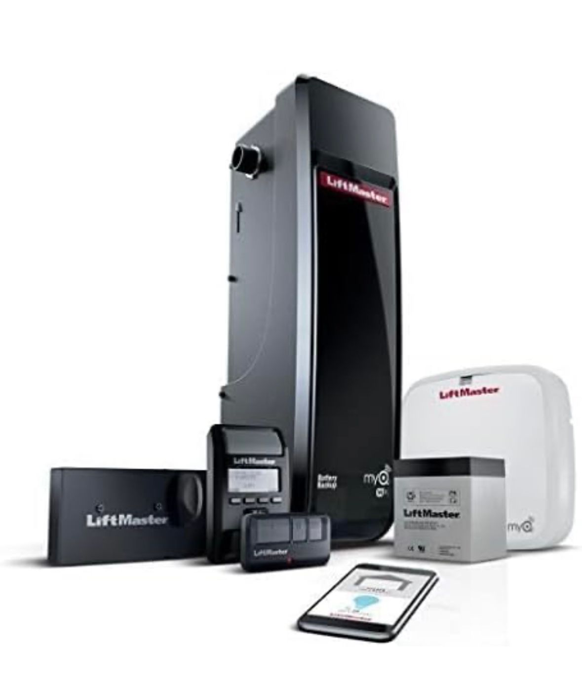 A garage door opener with a remote control and a cell phone.