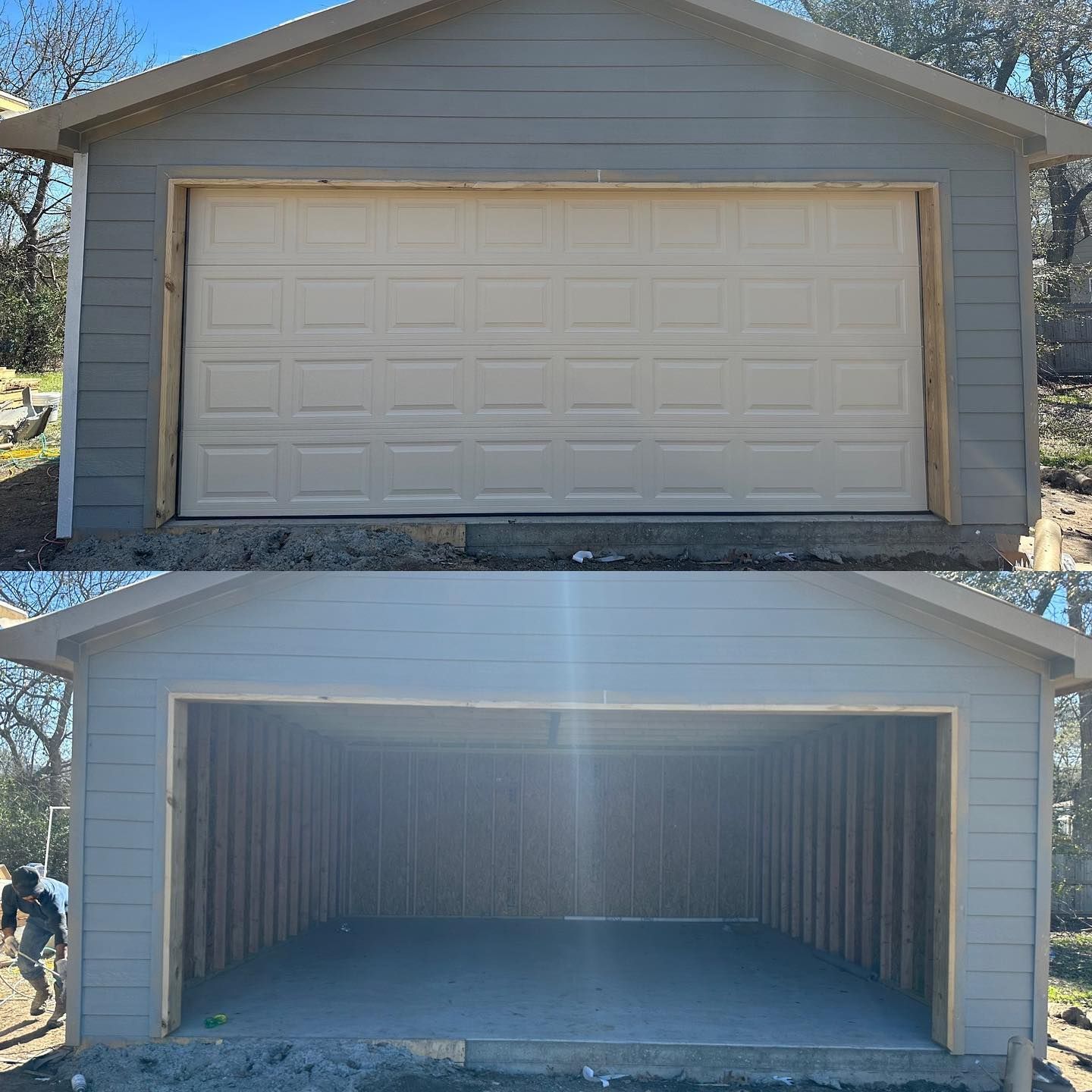 A before and after picture of a garage door being installed.